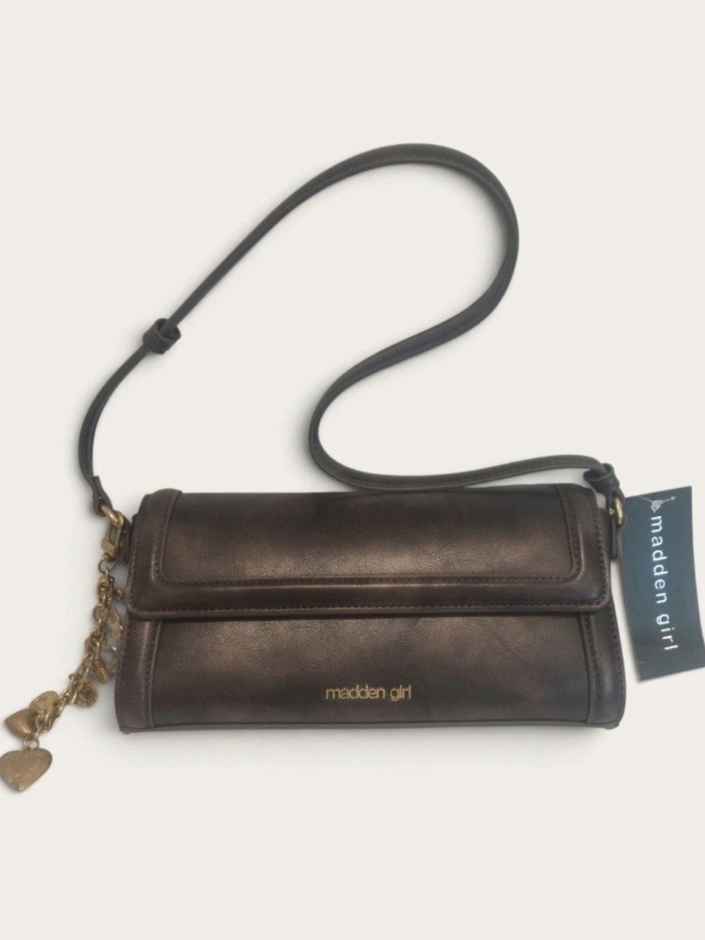 Madden Girl Brown Leather Flap Crossbody with Charm